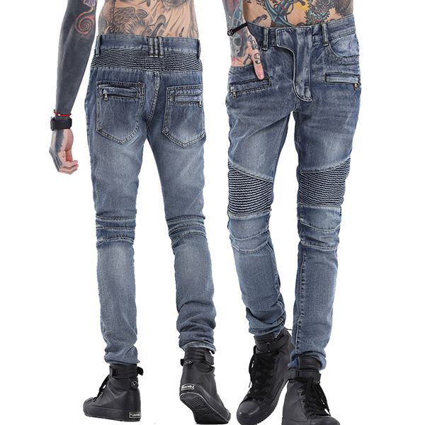 

men motorbike biker jeans long slim fit fake designer clothing jeans ripped long trousers pencil pants, Blue