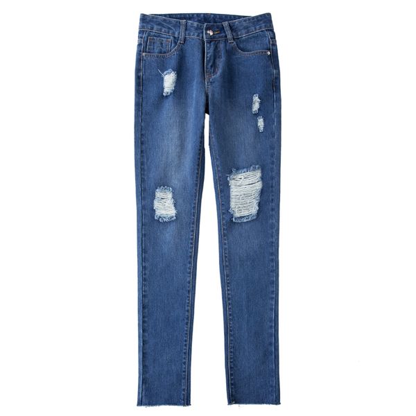 

the new middle-waisted ventilation hole irregular elastic force small feet wear out jeans cowboy blue zipper female trousers