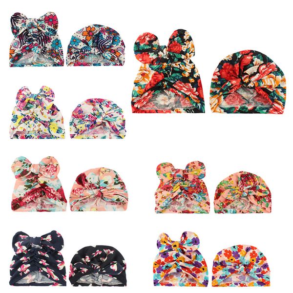 

2pckid baby stretch hat head scarf hijab headband bonnet turban inner cap flower printed colorful bow and ear, Yellow