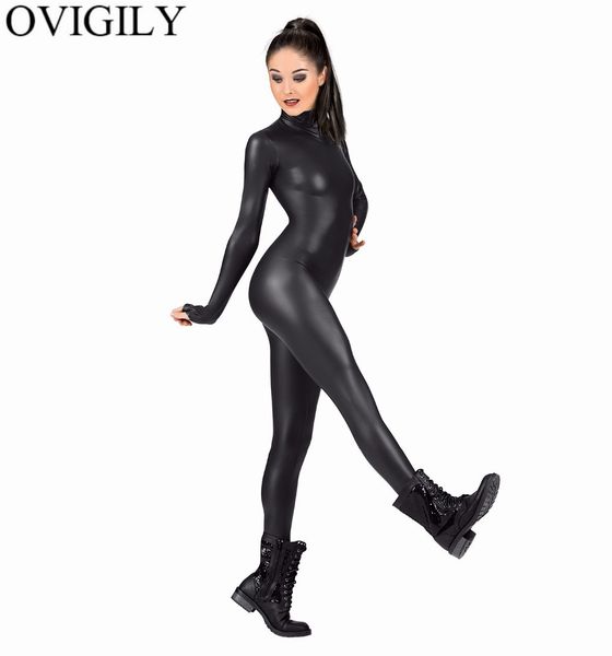 OVIGILY Damen-Ganzkörperanzug, Kostüm, Spandex, Tanz, Ballett, Gymnastik, Catsuit für Erwachsene, schwarz, langärmelig, glänzender metallischer Ganzanzug