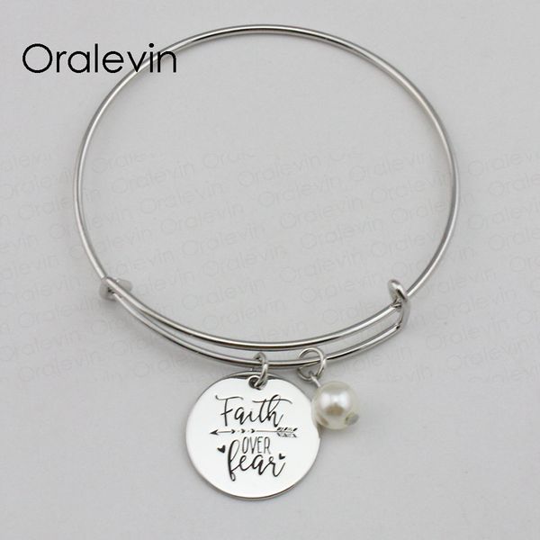 

faith over fear inspirational hand stamped engraved custom pendant expandable wire bangle bracelet jewelry,10pcs/lot, #ln2241b, Black