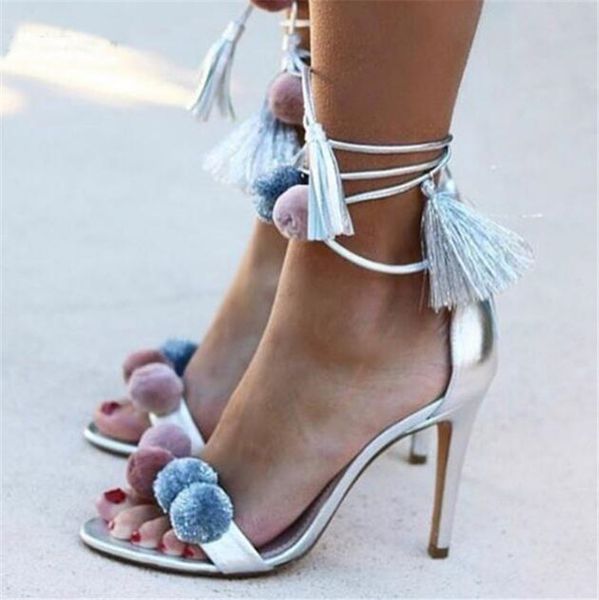 Fashion Pom Women Pom Open Toiletto Schnürung Sier goldener bunte Ball High Heel Sandalen Kleidschuhe