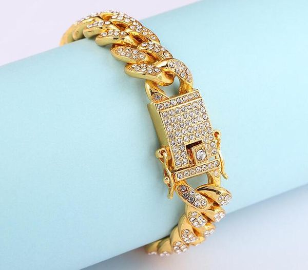 

mens luxury iced out diamond 12mm width chain bracelets bangles 18k gold silver cuban link chains miami bracelet hip hop jewelry, Black