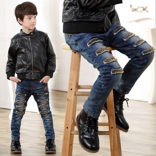 

children brand jeans boys pants ripped hole jeans 2017 spring autumn light wash boys for solid color children's, Blue