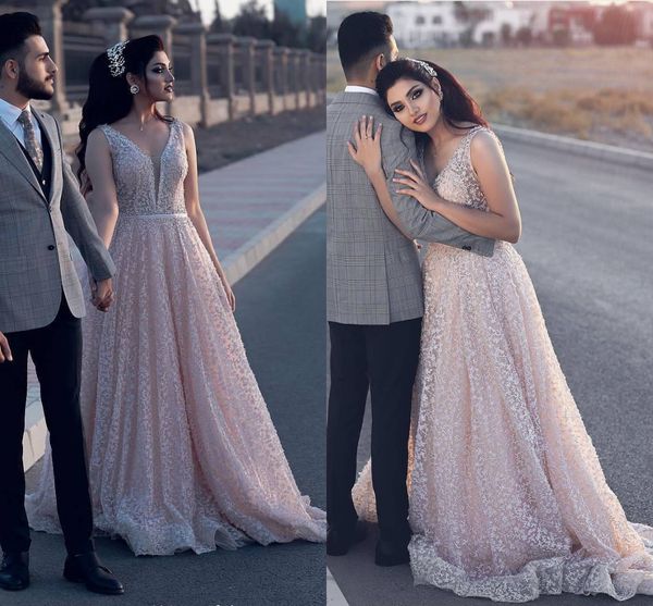 

said mhamad blush pink full lace wedding dresses 2018 deep v neck low back bridal gowns vintage beach wedding gowns, White
