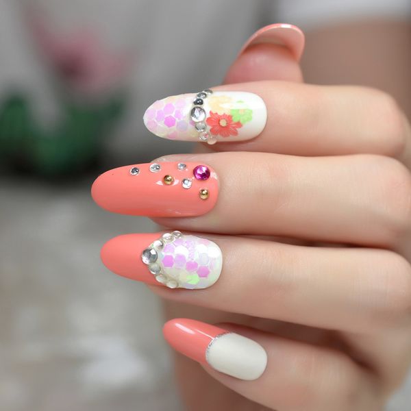 

3d french long round false nails white colorful flowers paillette rhinestones salon full cover summer wear fake nail art tips, Red;gold