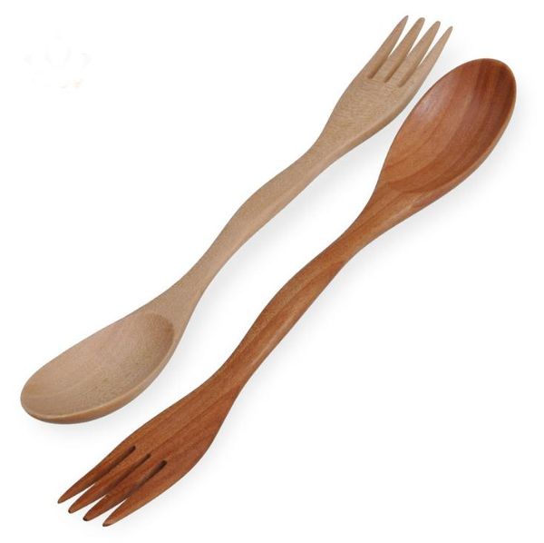 Fashion Natural Wood Spoon Fork 2 in 1 Cooking Dining Utensil Posate cinesi a manico lungo SN1577