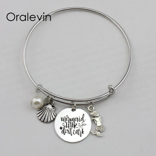 

mermaid hair don't care inspirational hand stamped engraved pendant expandable bracelet bangle gift jewelry, #ln2159b, Black