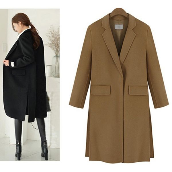 

manteau femme european winter women black camel color overcoat quilted cashmere coat elegant slit outerwear casaco femininos