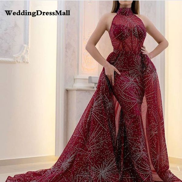 

long high neck mermaid burgundy prom dress with detachable skirt kaftan dubai arabic formal evening gowns, Black