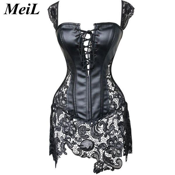 

meil waist trainer corsets steel boned steampunk party hollow out lace intimates corset bustiers gothic body shaper, Black;white