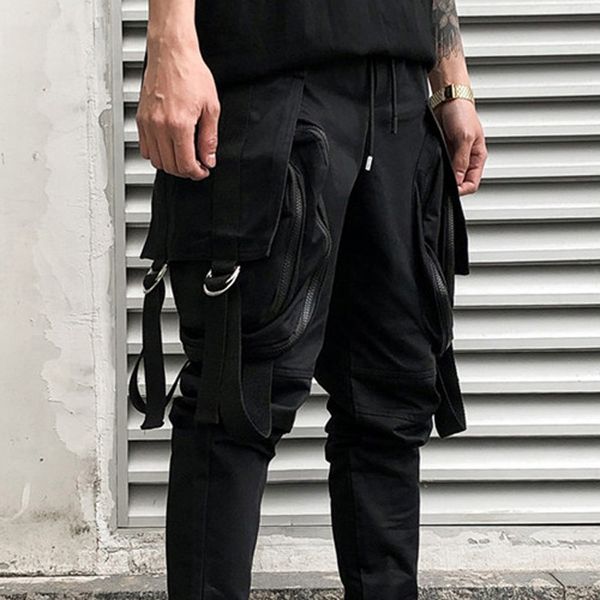 

mens fashion bottoms belted webbing 4 pocket black bending pants zipper long pants high street slacks trousers mens cargo pants