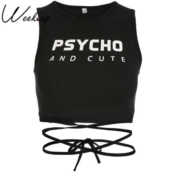 

weekeep women letter print bottom lace up tank 2018 summer black cropped sleeveless o-neck fashion streetwear crop top, White
