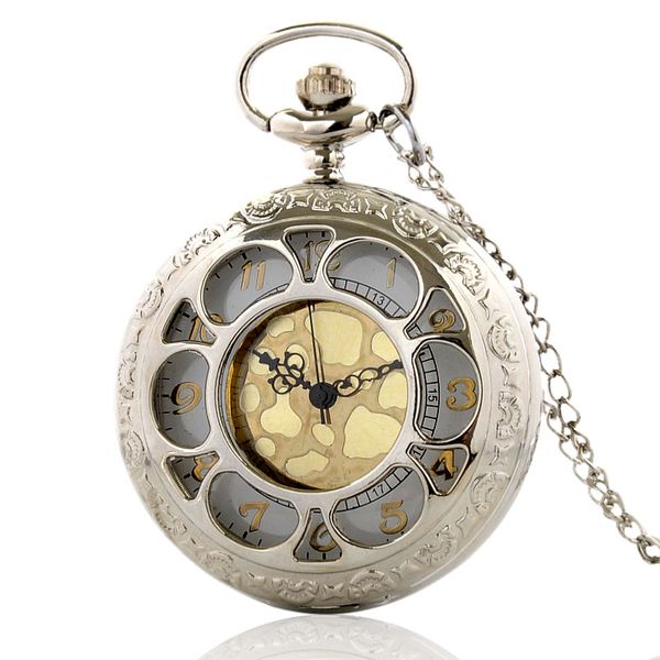 

vintage silver hollow quartz pocket watch with chain retro gold dial men women pendant necklace clock gift, Slivery;golden
