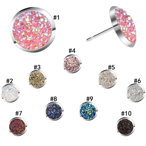 

luxury designer druzy stud earrings 10 colors bling round circle natural stone earrings for women & ladies fashion brand jewelry, Golden;silver