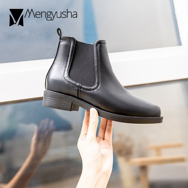 

european brief short boots women microfiber leather low heels botines winter plush elastic ankle botas ladies shoes, Black
