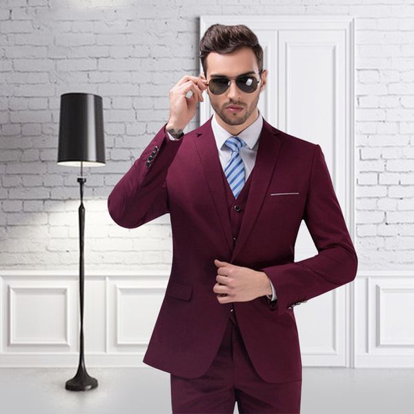 

2018 Wine Red Burgundy Handsome Custom Shiny Made Men Suits for Wedding 3 Pieces Tuxedos Prom Groomsmen Suits Blazer Jacket Pants Vest