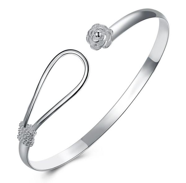 

luckyshine 6pcs holiday gift shiny unique rose flower pure 925 sterling silver open adjustable bracelets bangles russia bangles, Black