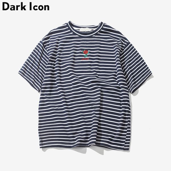 

rose embroidery striped mens t-shirt short sleeve summer hi-street oversized hip hop tshirt cotton tee shirts 2 colors striped, White;black
