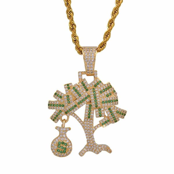 Hip Hop de Prata de Ouro Cor Zircão Cúbico EUA Dólar Da Árvore Do Dinheiro Colar de Pingente Para Homens Iced Out Bling Presentes Da Jóia