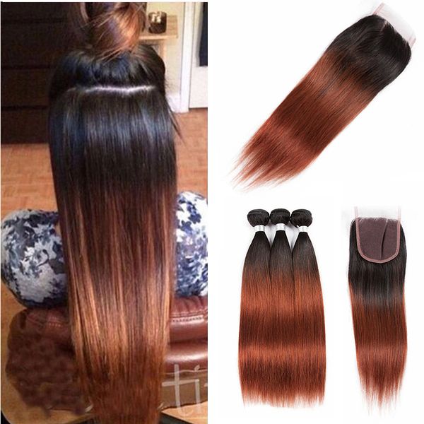 Brasileira Ombre Em Linha Reta Cabelo Humano Weave Bundles com Fechamento Do Laço Dois Tons 1B / 33 # Brasileiro Auburn Virgem Extensões de Cabelo Com Fecho