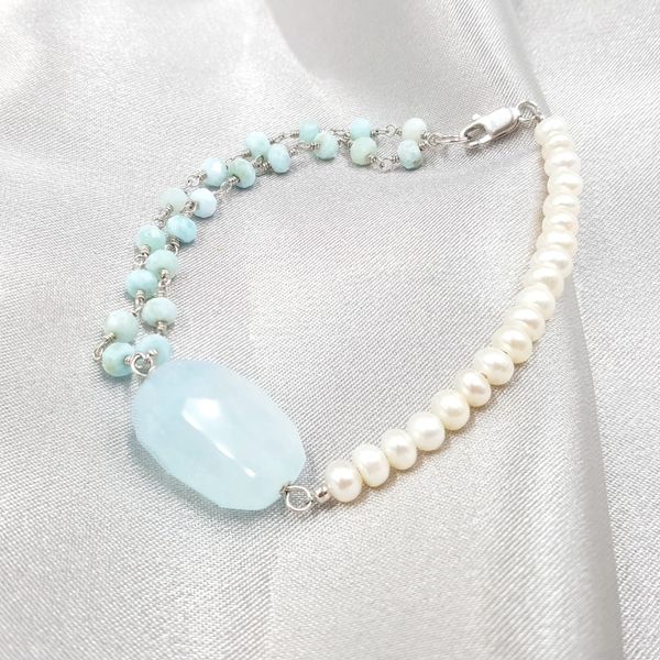 

lii ji natural gemstone aquamarine,larimar,freshwater pearl 925 sterling silver clasp shining unique bracelet for women girls, Golden;silver