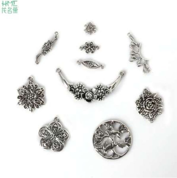 

selling antique silver plated mixed size flowers pendant 10 types 2~21pcs zinc alloy charms for diy jewelry finding, Bronze;silver