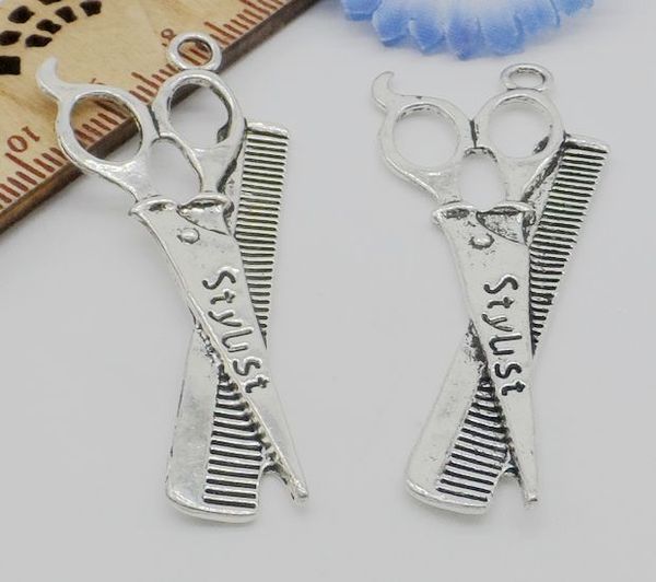 50 Stück Legierung Scherenkamm Charms Antik Silber Charms Anhänger für Halskette Schmuckherstellung Erkenntnisse 53x24mm