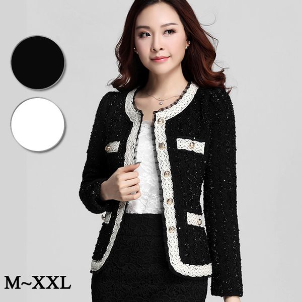 

new large size xxl autumn winter woolen jackets blazer women coat long sleeve aristocratic lace splice cardigans woman clothes, White;black