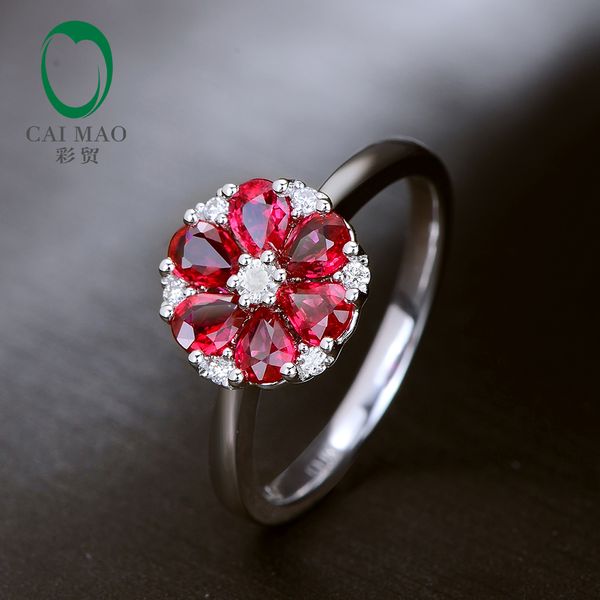 

caimao classic 14k white gold 0.93ct natural red ruby h si diamond flower engagement ring for anniversary, Golden;silver