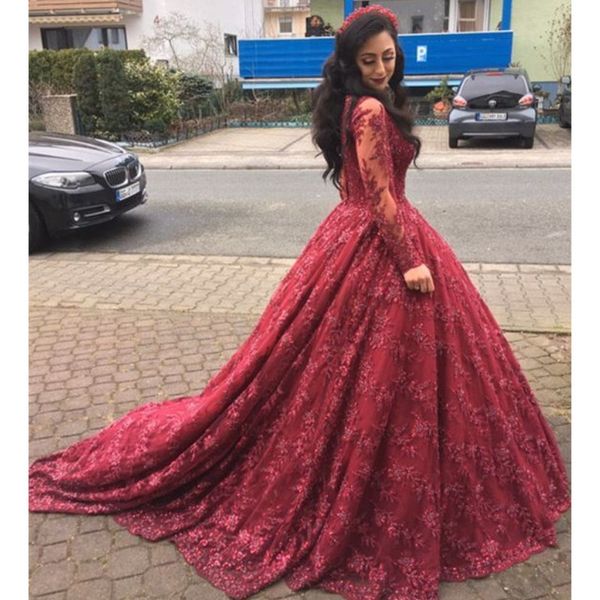 

long sleeve formal evening dress glamorous lace ball gown sweep train prom dresses 2018 elegant saudi arabia quinceanera dresses, Black