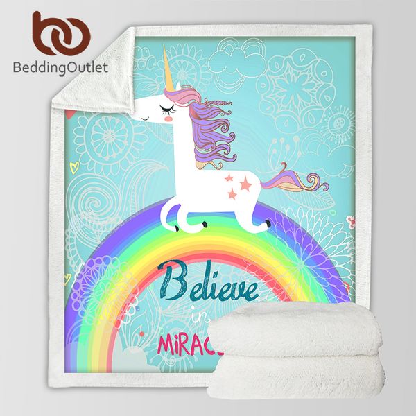 

beddingoutlet unicorn rainbow blanket believe miracles cartoon plush throw blanket on sofa bed for kids bedding sherpa
