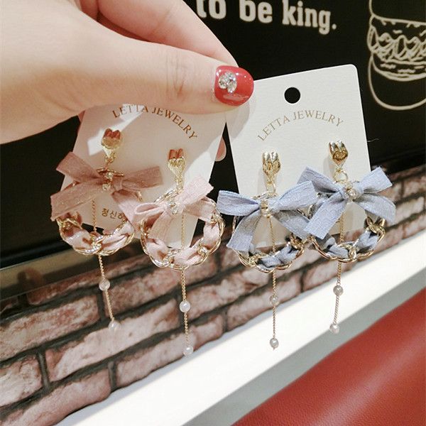 

women's korean fashion ear jewelry spring and summer fabric bow pearl student earrings earrings wholesale, Golden;silver