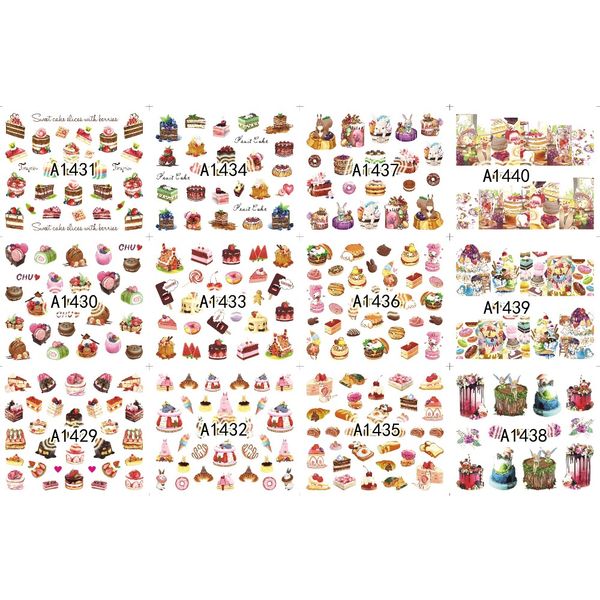 

uprettego 12 packs / lot nail art beauty water decal slider nail cute cartoon birthday cake cheese dessert tiramisu a1429-1440, Black