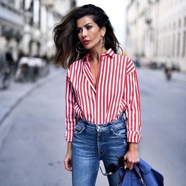 

new red striped blouse women blusas loose slim fit long sleeve women's shirts fashion all match for women's blouses, White