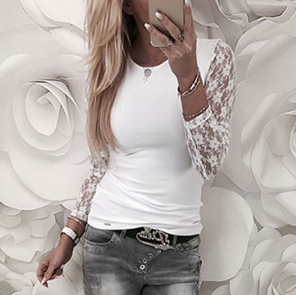 

fashion t shirt women solid long sleeve lace stitching o-neck t-shirt pullover camisetas mujer roupa feminina, White