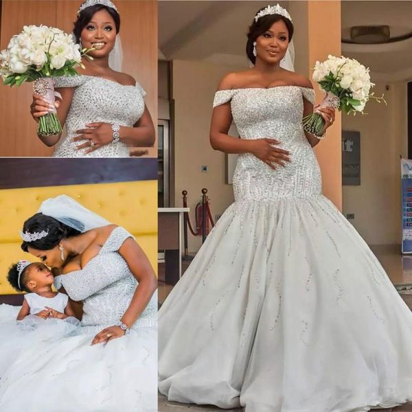 

luxurious wedding dresses 2020 dubai african off shoulder major beadings bridal gowns sweep train plus size mermaid wedding dress, White