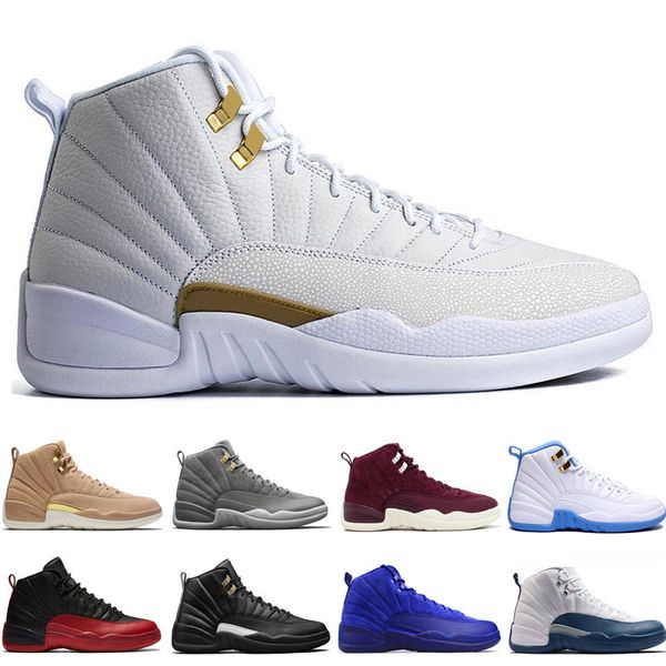 

12 12s men basketball shoes wheat dark grey bordeaux flu game the master taxi playoffs university gamma french blue wool sports sneakers, White;red