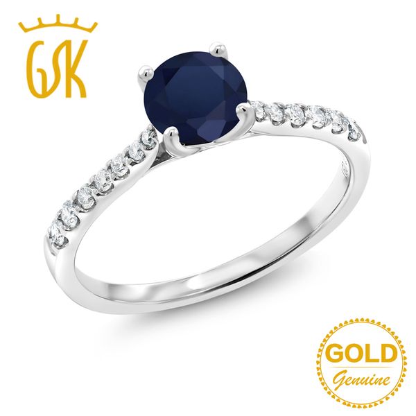 

gemstoneking 0.67 ct round natural blue sapphire g/h lab grown diamond 10k white gold wedding band ring for women fine jewelry, Golden;silver