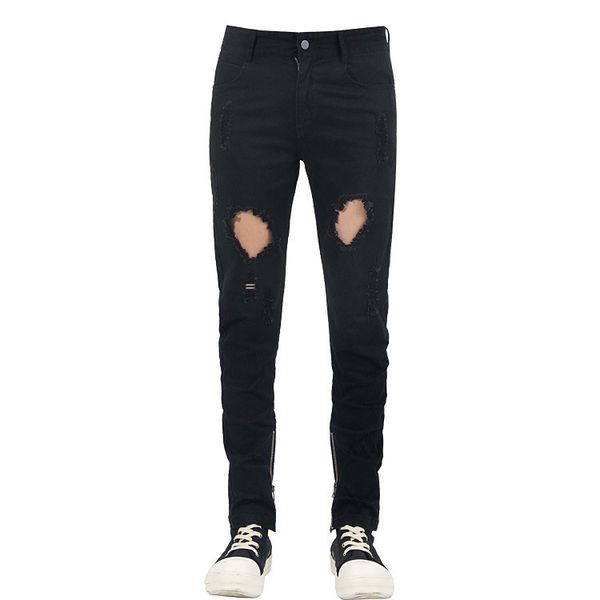 

street hip hop personality elastic irregular large hole tight zipper jeans tide men's pants, Blue