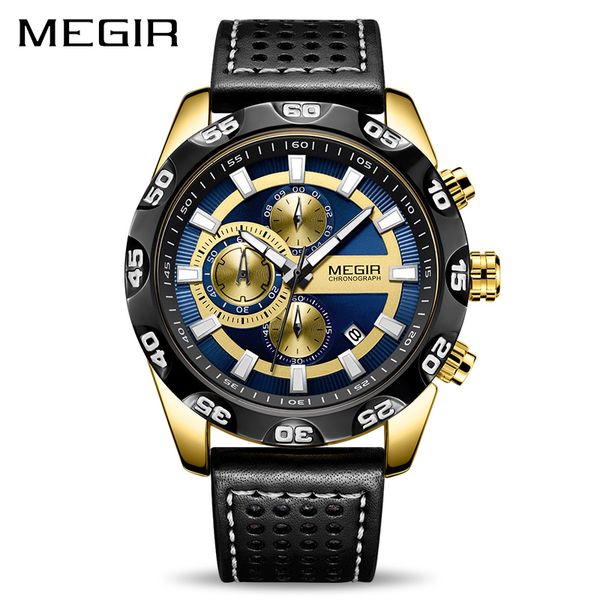 

mens watches megir chronograph sport quartz watch men clock leather wristwatches relogio masculino reloj hombre, Slivery;brown