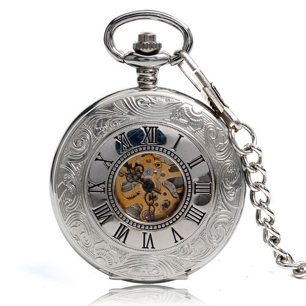 

yisuya exquisite double skeleton mechanical hand wind pocket watch silver fob pendant windup steampunk roman numbers gift, Slivery;golden