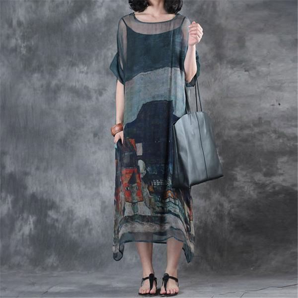 

buykud women summer printed elegant vintage chiffon maxi dresses 2018 round neck short sleeve pocket dress with black vest, White;black