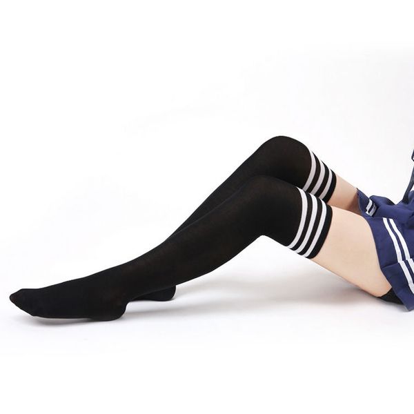 

blue black stripe women high over the knee socks thigh high stockings japanese school student cosplay long socks lingerie 021, Black;white
