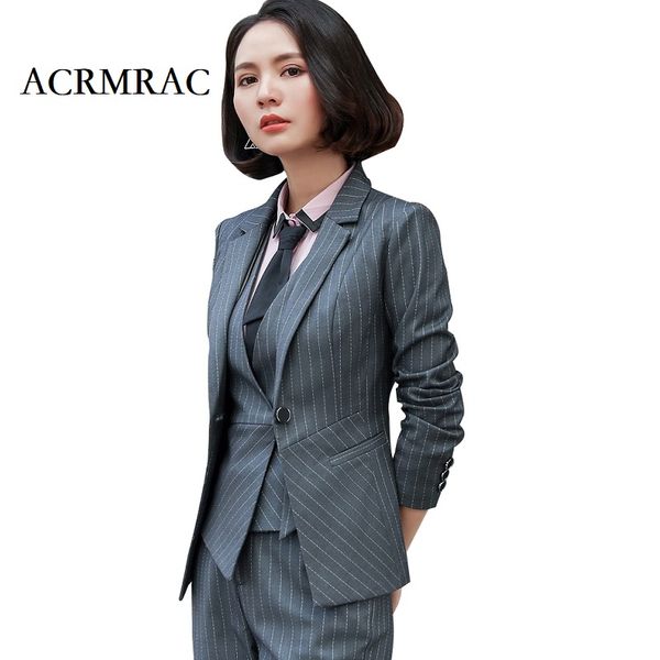 

acrmrac women's suits new style long sleeve stripe slim stitching jacket ankle-length pants business formal pants suits, White;black