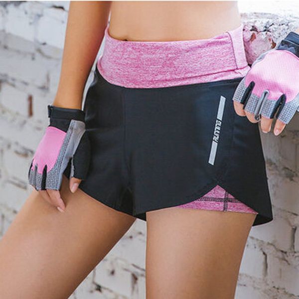 

womens fitness yoga high waist shorts fake two pcs sport running slim sportswear anti-light short, White;red
