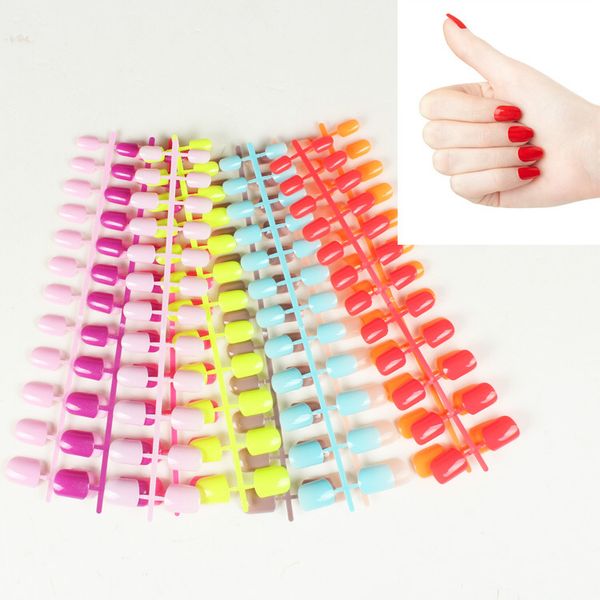 

24pcs solid pure color fake nail art decoration 31 colors choose short square head full cover false nails tips with glue sticker, Red;gold