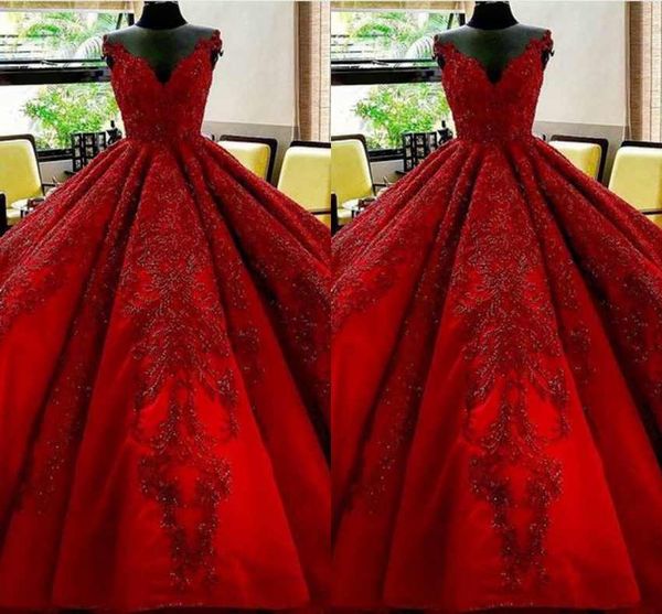 

Модные корсетные платья Quinceanera V-образным вырезом из красного кружева Аппликации из бисера Атласные вечерние платья Бальное платье Выпускные платья
