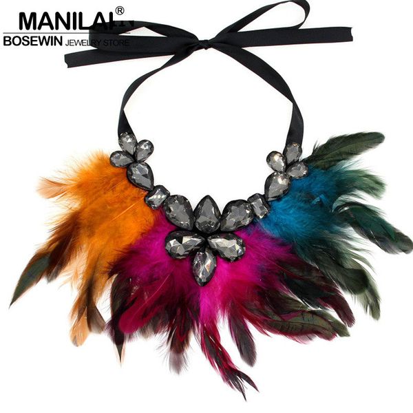 

whole salemanilai women feather collar necklace boho jewelry glass crystal big choker statement necklaces & pendants bohemia accessories, Golden;silver