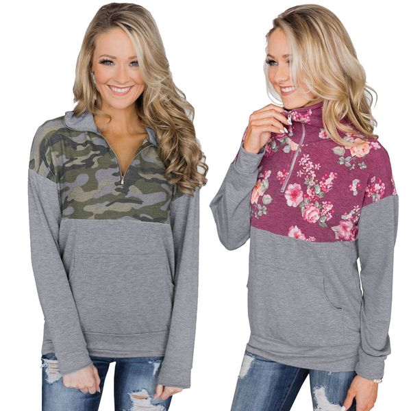 

Women Camouflage Floral Tshirts Autumn Fall Turtleneck Colors Patchwork Long Sleeved Casual Tops